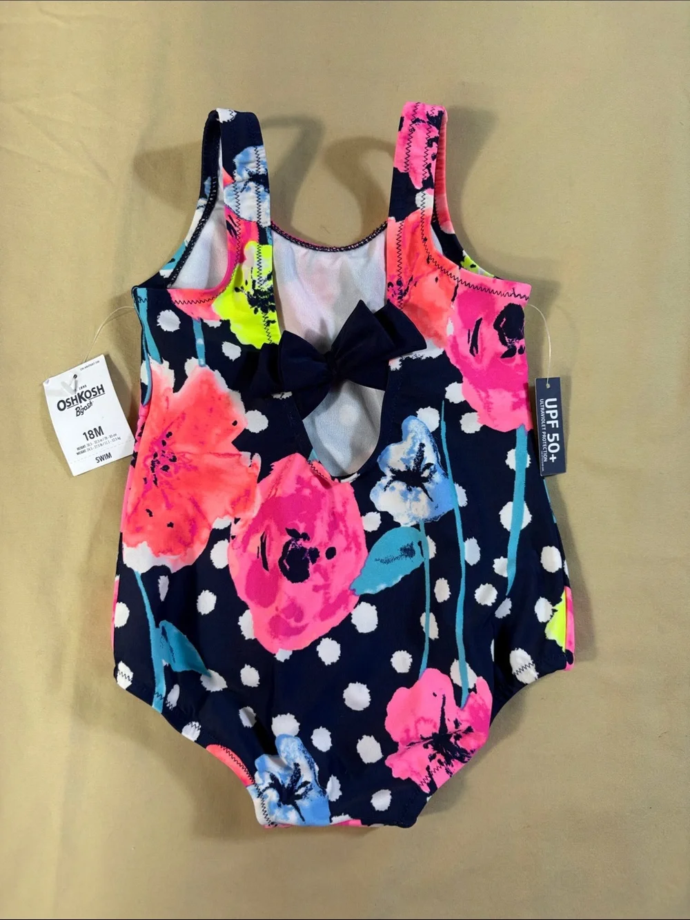 OshKosh‎ B'gosh NWT Navy Blue Polka Dot Neon Floral One Piece Swimsuit Girls 18M